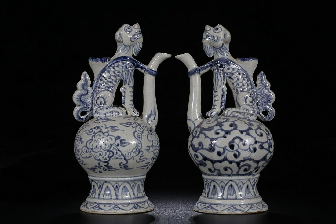 BLUE WHITE BEAST-HANDLE POT IN PAIR: Time: Ming Dynasty 14-17 Century / Height 9.61 in / Base-Diameter 3.74 in