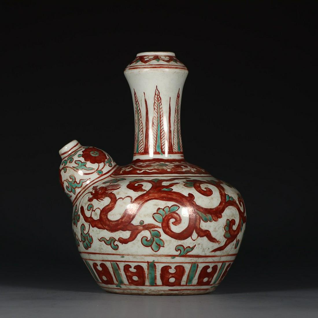 RED-GREEN COLORED PEN'BA BOTTLE: Time: Ming Dynasty 14-17 Century / Height 8.66 in / Mouth-Diameter 1.38 in / Base-Diameter 3.54 in