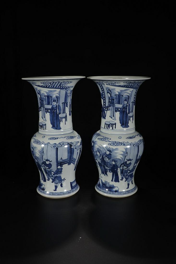 KANGXI MARK BLUE WHITE FIGURE STORY FLOWER VASE IN PAIR: Time: Kangxi Period 17-18 Century / Height 16.54 in / Belly-Diameter 7.87 in