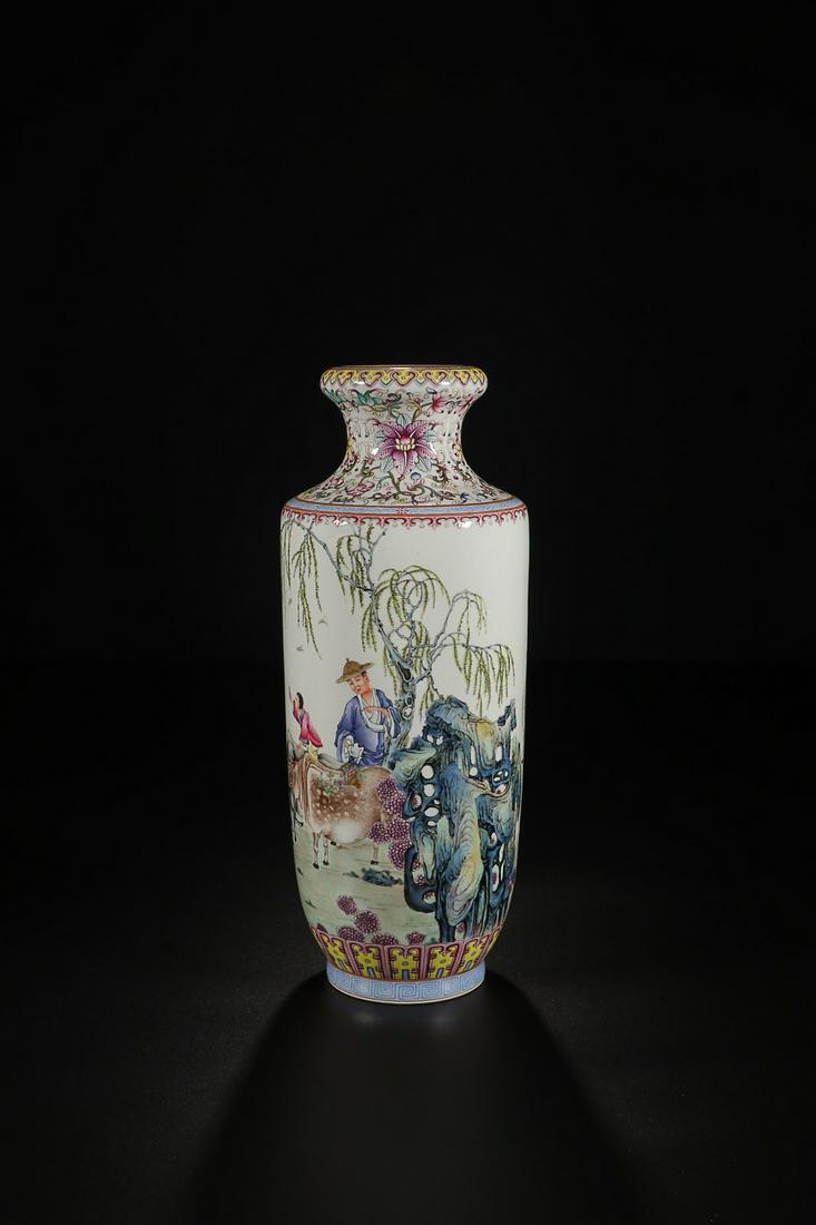 QIANLONG MARK ENAMELING TONG'ZI'MU'NIU HANDICAPE VASE: Time: Qianlong Period 18 Century / Height 13.58 in / Belly-Diameter 5.31 in