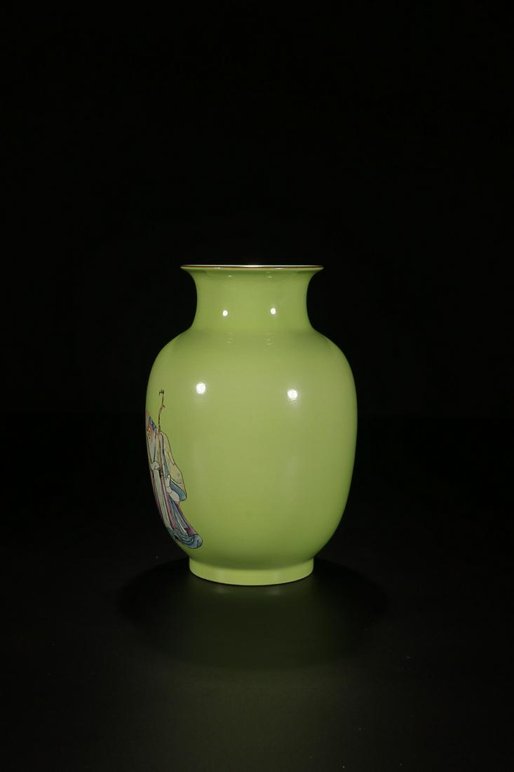 QIANLONG MARK APPLE-GREEN GLAZED FAMILLE ROSE FIGURE: Time: Qianlong Period 18 Century / Height 9.25 in / Belly-Diameter 6.89 in