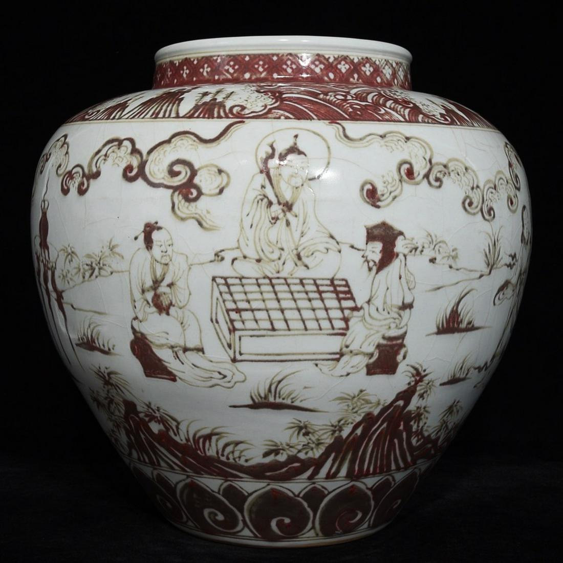 UNDERGLAZED RED FIGUER STORY JAR: Time: Ming Dynasty 14-17 Century / Height 12.99 in / Diameter 11.81 in