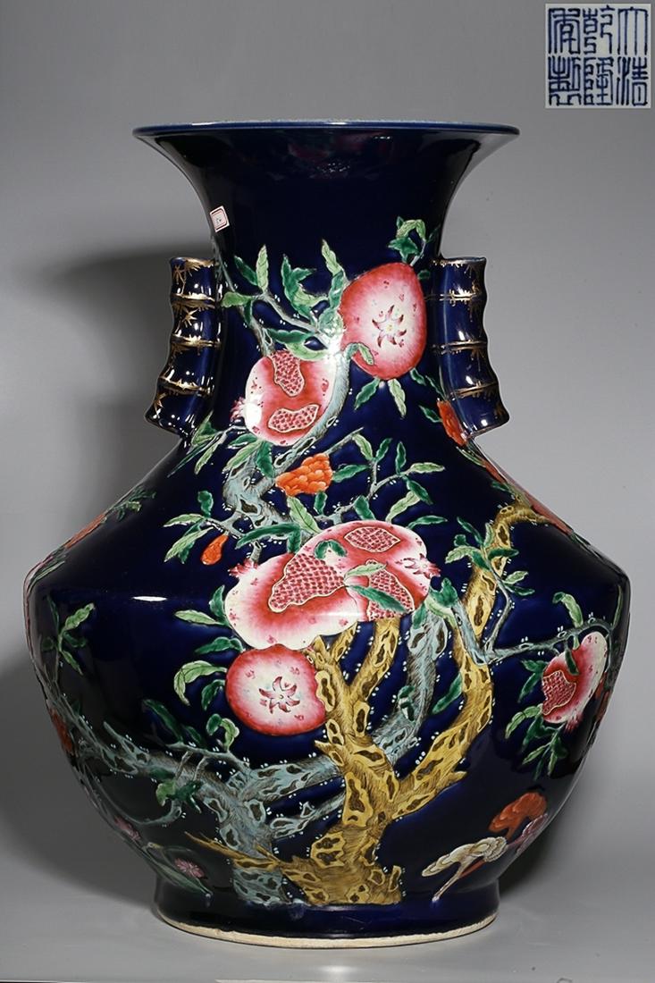 QIANLONG MARK ALTAR-BLUE GLAZED FAMILLE ROSE: Time: Qianlong Period 18 Century / Weight 15500g / Height 21.65 in / Mouth-Diameter 9.84 in / Belly-Diameter 17.32 in