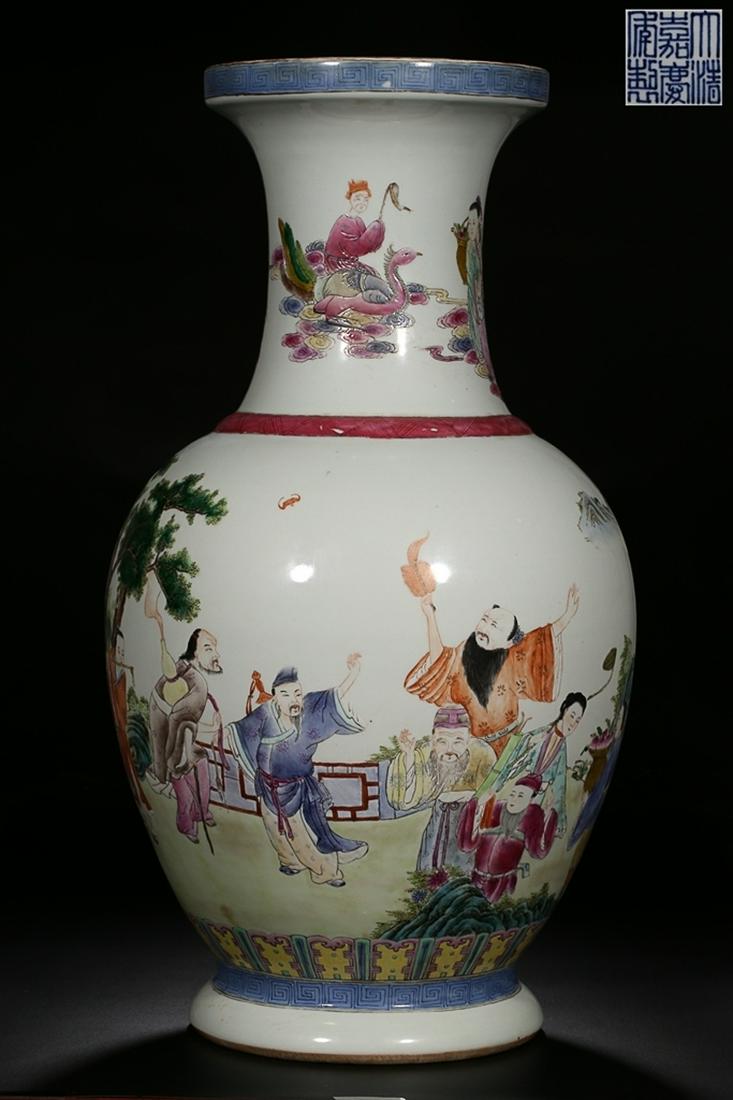 JIAQIANG MARK GUAN YAO FAMILLE ROSE QUN'XIAN'ZHU'SHOU: Time: Jiaqing Period 18-19 Century / Weight 10200g / Height 24.02 in / Mouth-Diameter 8.27 in / Belly-Diameter 12.99 in / Base-Diameter 7.87 in