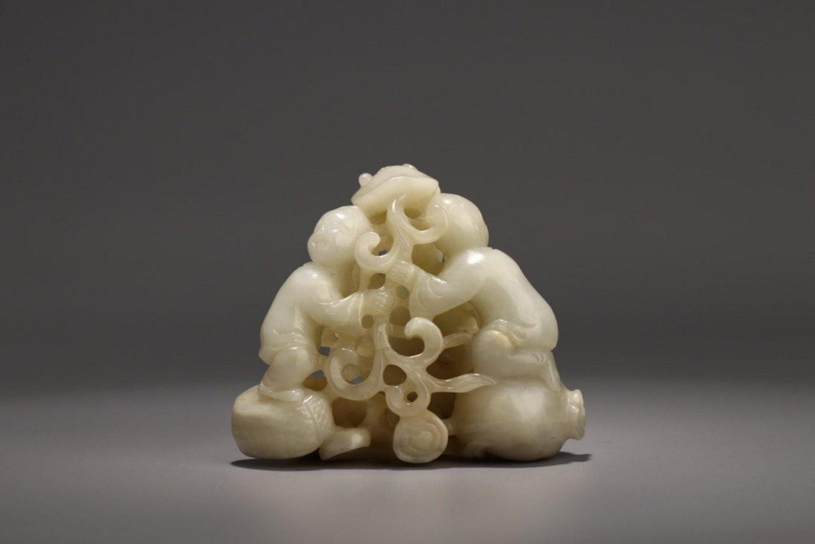 HETIAN WHITE JADE DUO'ZI'DUO'FU ORNAMENT: Time: Ming Dynasty 14-17 Century / Weight 363g / Length 3.94 in / Width 2.8 in / Height 3.31 in