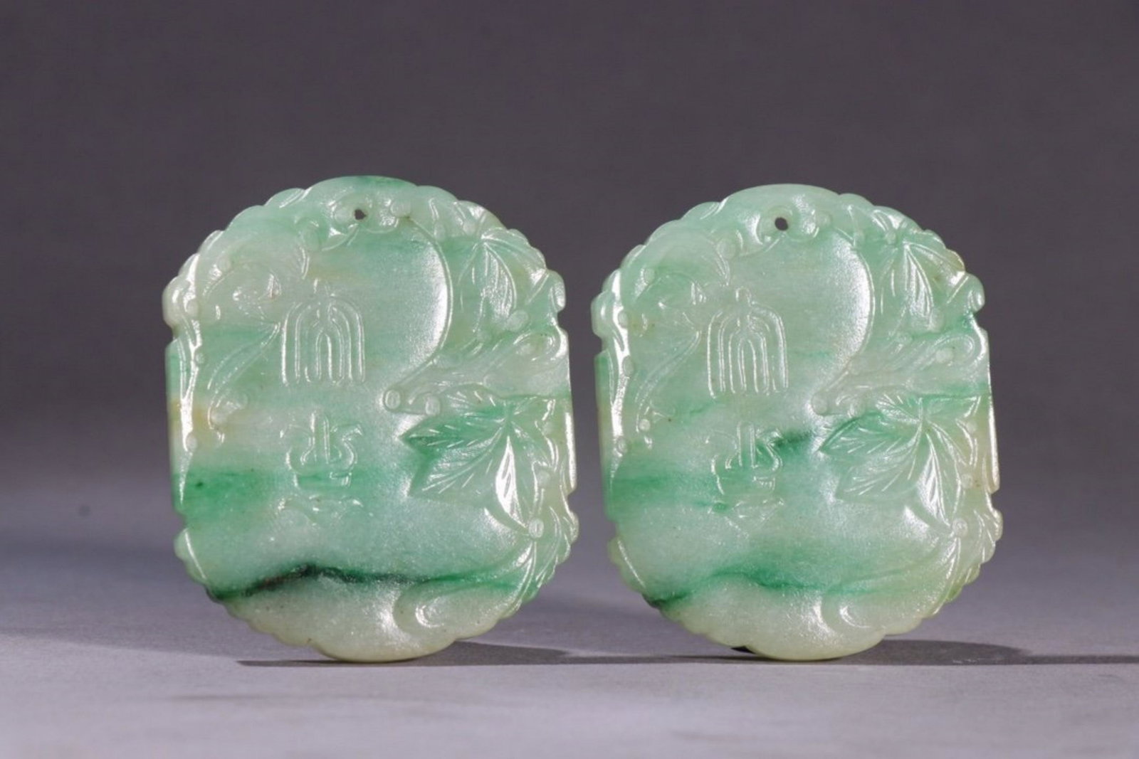 JADEITE FU'SHOU TABLET IN PAIR: Weight 66.9g / Length 1.81 in / Width 0.2 in / Height 2.17 in