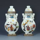 JADE EMBEDED GOLD FIGURE STORY BOTTLE IN PAIR