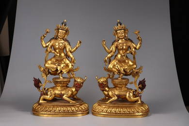 GILT BRONZE DANCING GUAN'YIN ORNAMENT IN PAIR
