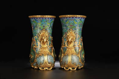 GILT BRONZE CLOISONNE  FENG'NIAO CUP IN PAIR