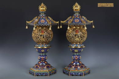 BRONZE CLOISONNE PALACE-LANTERN SHAPED TEAPOT IN PAIR
