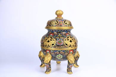 QIANLONG MARK GILT BRONZE CLOISONNE HOLLOW-OUT CENSER