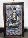 RED WOOD HAND PAINTED BLUE WHITE EMBOSSED GUAN'YIN