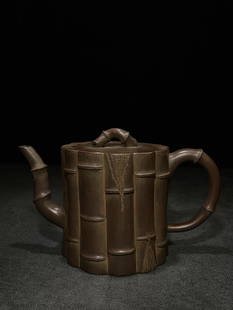 YANG'FENGNIAN HAND MADE BAMBOO DESIGN TEAPOT: Dimension (1) 7.28 in / Dimension (2) 3.94 in / Dimension (3) 4.65 in