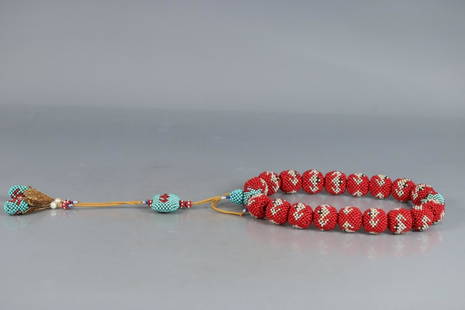 OLD CORAL AND TURQUOISE STONE 18-BEAD HAND PIECE: Time: Qing Dynasty 17-19 Century / Weight 234g / Bead-Diameter 0.94 in