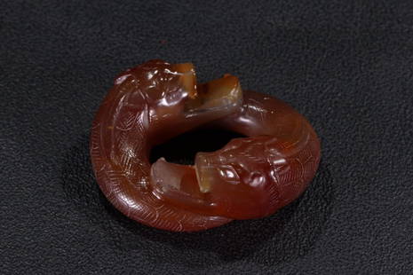 AGATE CHI DRAGON CARVING PIECE: Time: Liao and Jin Dynasties 10-13 Century / Weight 63.4g/ Length 2.29 in / Width 2.01 in / Height 0.93 in