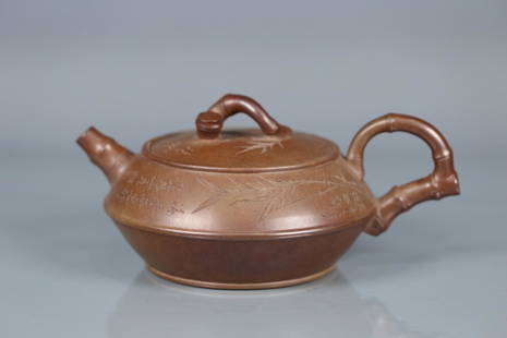 ZHU'KEXIN MADE BAMBOO-JOINT PATTERN ZISHA TEAPOT: Dimension (1) 3.39 in / Dimension (2) 7.72 in / Dimension (3) 5.47 in