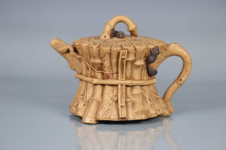 CHEN'MINGYUAN STUMP-SHAPED ZISHA TEAPOT: Dimension (1) 5.12 in / Dimension (2) 7.4 in / Dimension (3) 4.84 in
