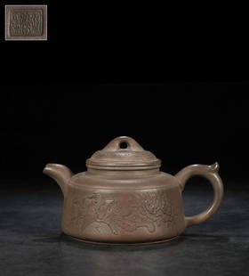 WAN'BAO MUD-PAINT PATTERN BELL-SHAPED TEAPOT: Length 7.48 in / Width 5.12 in / Height 4.13 in