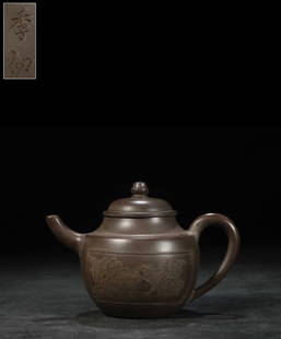 JI'CHU MUD-PAINT PATTERN PALACE-LANTERN SHAPED TEAPOT: Length 6.3 in / Width 3.94 in / Height 4.33 in