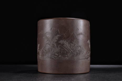 OLD DUAN-MUD LANDSCAPES PATTERN BRUSH POT: Height 1.57 in / Diameter 5.67 in