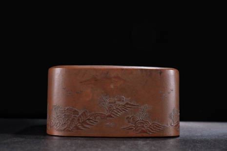 OLD DUAN-MUD LANDSCAPES PATTERN WENFANG BRUSH WASHER: Height 3.54 in / Diameter 7.28 in
