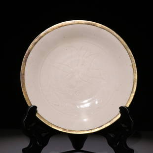 DING YAO WHITE PORCELAIN WRAPPED GOLD CARVED FLOWERS: Diameter 7.01 in