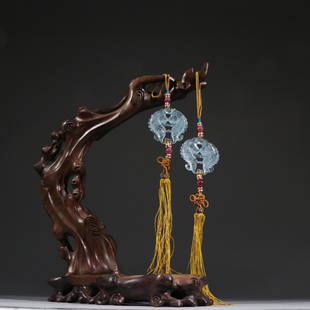 AQUAMARINE JI'QING DOUBLE-FISH PATTERN WAIST PENDANT IN: Length 2.05 in / Width 1.97 in