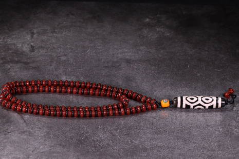 TIBETAN SIX-EYED DZI AND RED AGATE BEAD NEACKLACE: Dimension (1) 0.3 in / Dimension (2) 0.14 in / Dimension (1) 2.22 in / Dimension (2) 0.56 in