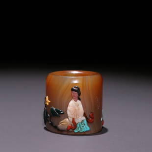 AGATE EMBEDED GEMS SHI'NV'TU RING: Time: Qing Dynasty 17-19 Century / Weight 41.5g / Width 1.18 in / Inside-Diameter 0.87 in