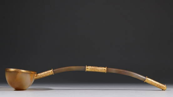 AGATE WRAPPED GILT SILVER SPOON: Time: Liao and Jin Dynasties 10-13 Century / Weight 140.1g / Length 12.6 in / Width 3.27 in