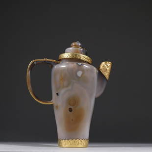 OLD AGATE WRAPPED GILT SILVER WINE POT: Time: Liao Dynasty 10-12 Century / Weight 377g / Height 6.89 in / Width 5.31 in