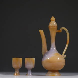 OLD AGATE WINE POT AND CUP IN SET: Weight 428.5g / Height 7.87 in / Width 3.74 in / Height 2.05 in / Mouth-Diameter 1.18 in