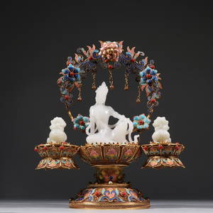 SILVER FILIGREE AND WHITE JADE ZI'ZAI'GUAN'YIN ORNAMENT