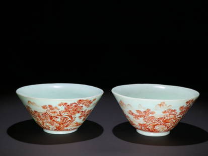 OLD GLASSWARE LANDSCAPES PATTERN TEA BOWL IN PAIR: Time: Qing Dynasty 17-19 Century / Weight 344.5g / Height 2.01 in / Mouth-Diameter 4.13 in