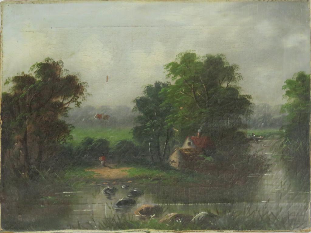 GEORGE COLE UK 1833-1893 LANDSCAPE PAINTING SIGNED: Oil / canvas. George Vicate Cole (UK 1833-1893) English school signed landscape. House by stream with rocks in the manner of John Constable. Unframed. Measures: 16" x 12" Condition: Some paint crackli