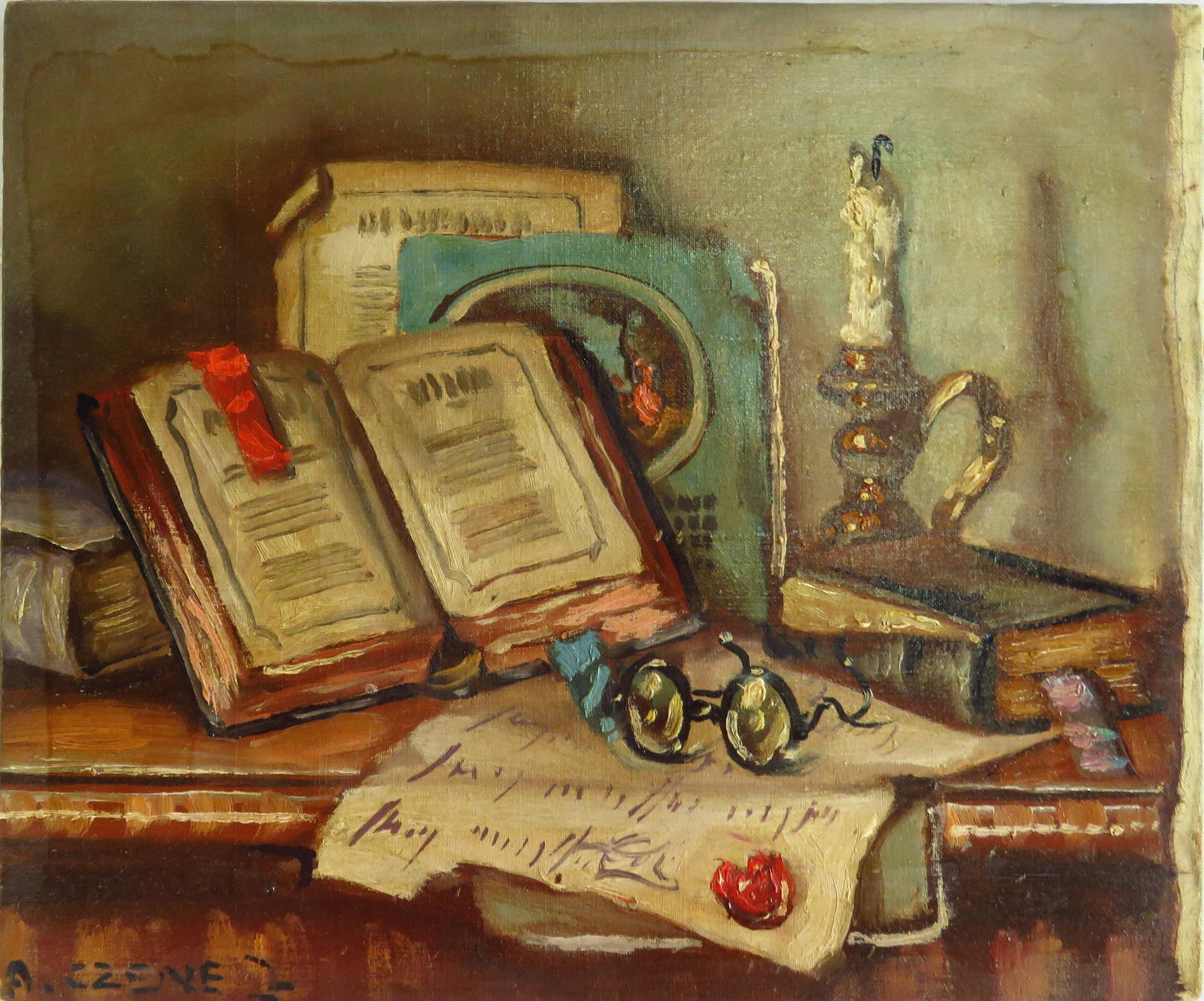HUNGARIAN SCHOOL O/C STILL LIFE PAINTING CZENE: Oil / canvas still life painting signed Czene (Janos Czene Apatfalvi -1904-1984). Still life painting of a desk with books, candle and reading glasses. Measures: 10 1/2" x 12 1/4" Condition: Good over