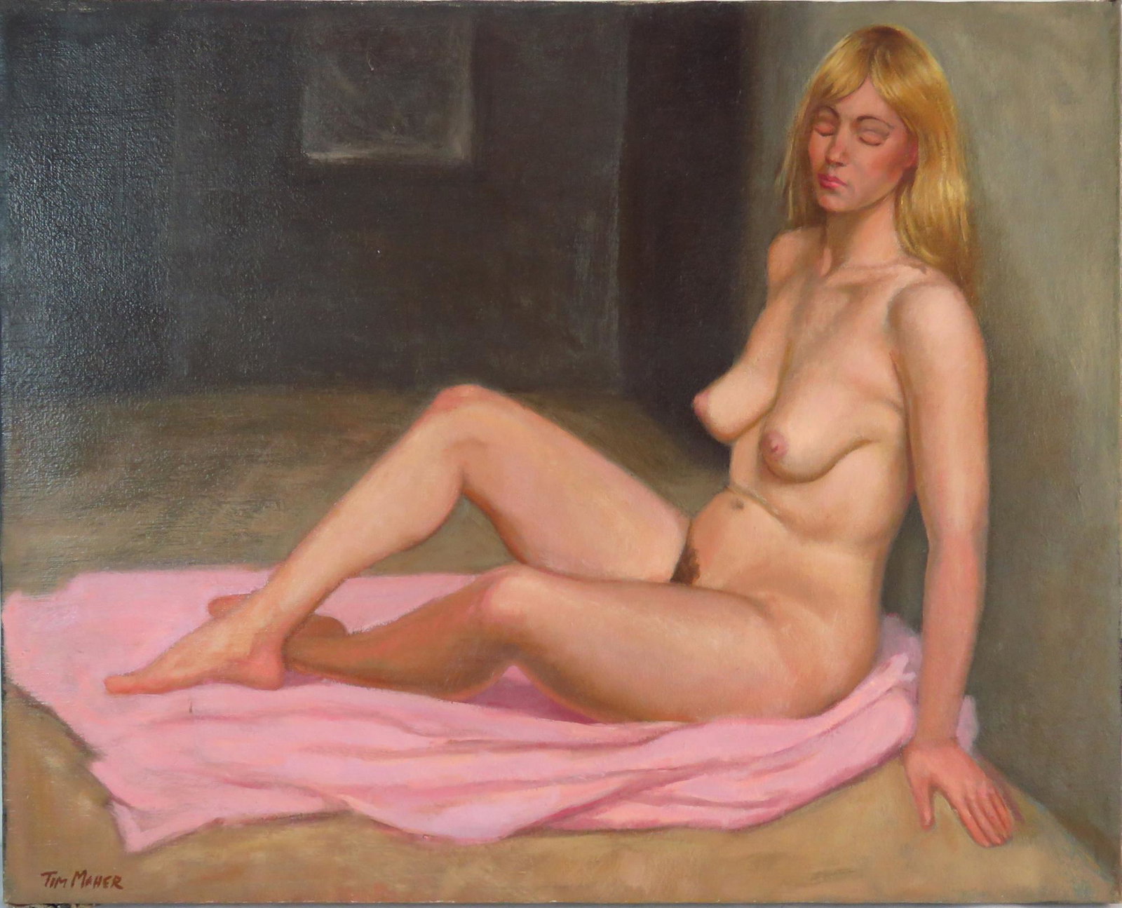 TIM MAHER (NJ CONTEMP) PAINTING O/C FEMALE NUDE: Tim Maher - NJ Contemporary. O/C painting of a recumbent nude woman. Signed. Unframed. Tim Maher is a contemporary NJ artist, President of the Art Centre of New Jersey, and was a student at the Art St