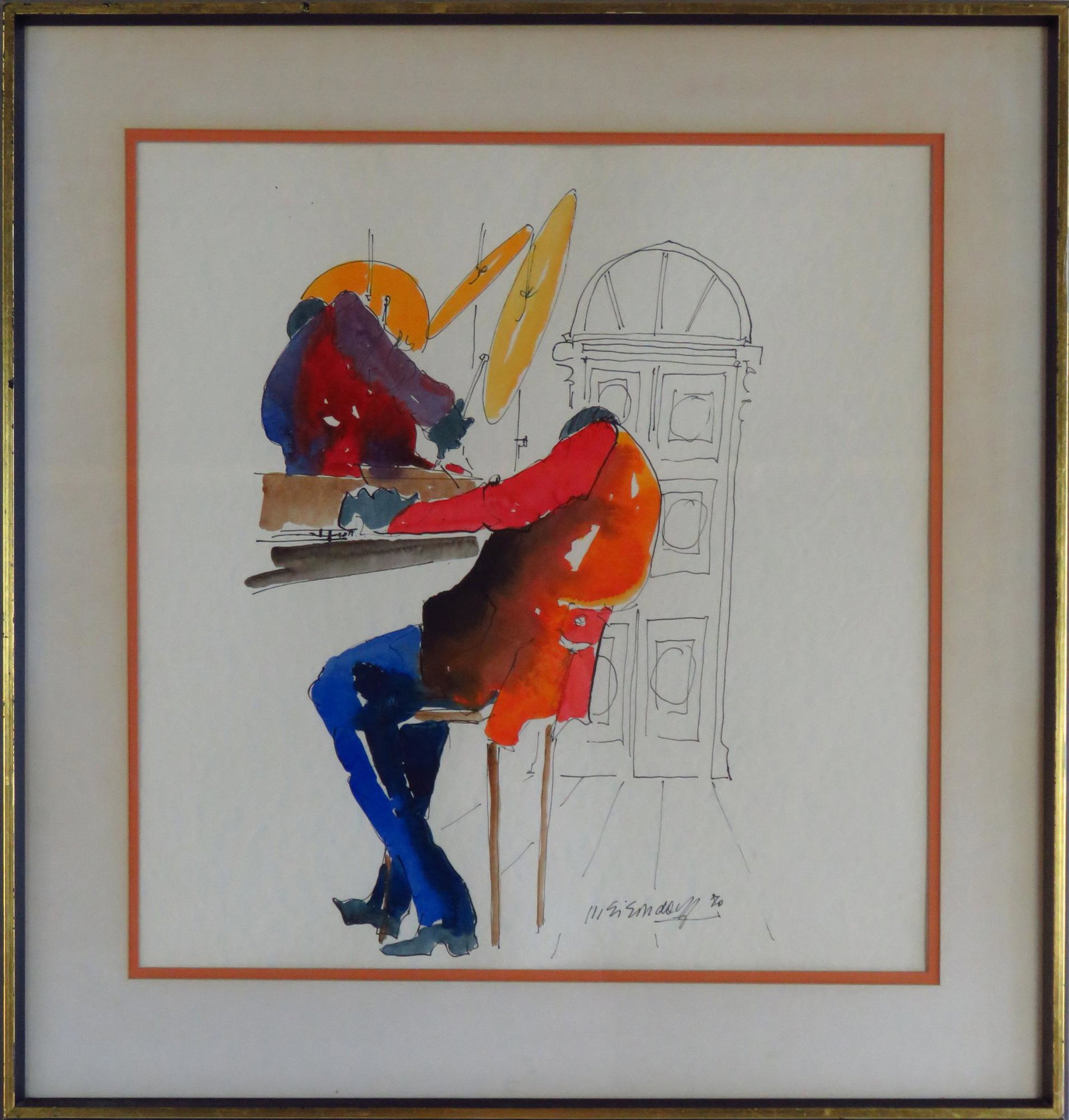 LEO MEIERSDORFF MODERNIST JAZZ PAINTING SIGNED: Leo Meiersdorff (1934-1994) Original mid century modernist mixed media (W/C & ink) painting on paper of New Orleans jazz musicians. Signed and dated (1970). Framed under glass. Measures: Sight: 20 3/4