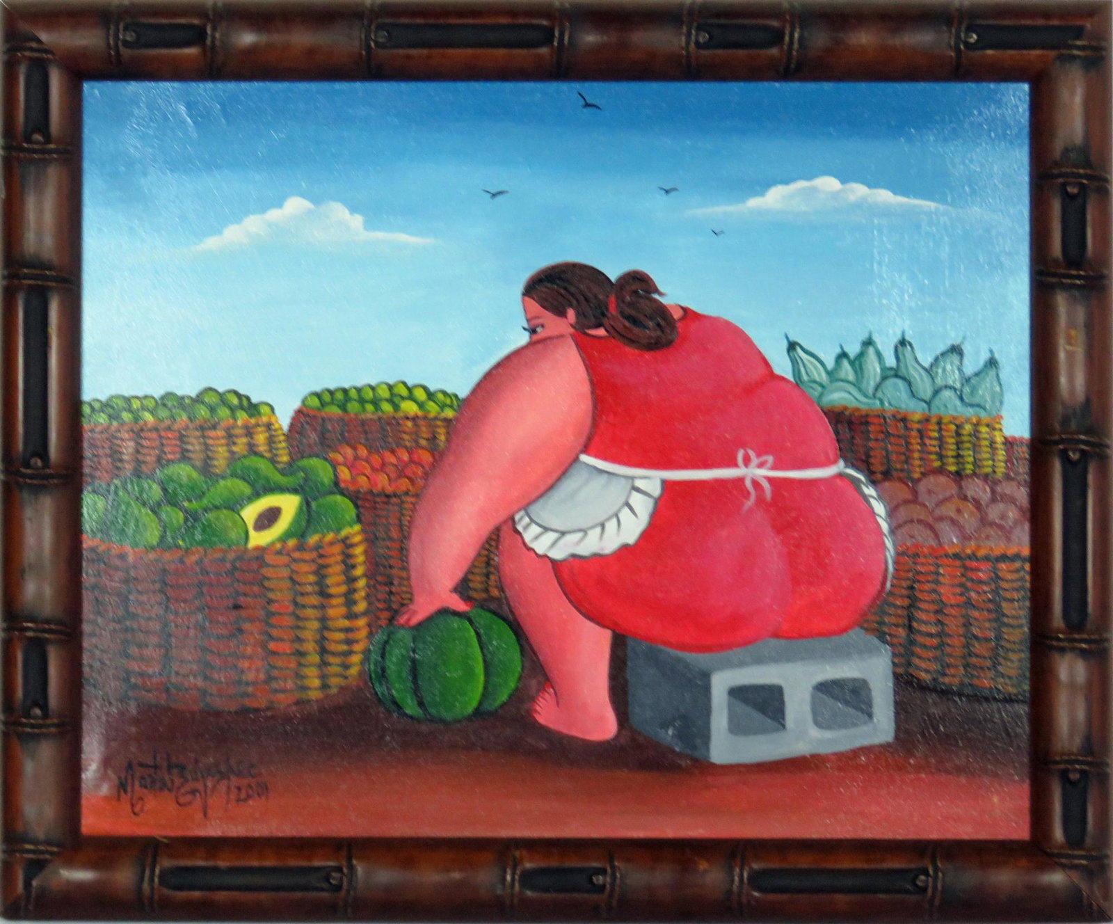PAINTING ROJAS BOTERO ESQUE WOMAN IN RED DRESS: Central American / Nicaraguan school painting after Botero of a woman gazing at a pineapple. Painting is oil/canvas and is signed. It is framed in a modern bamboo textured frame. Measures: Sight: 12" 