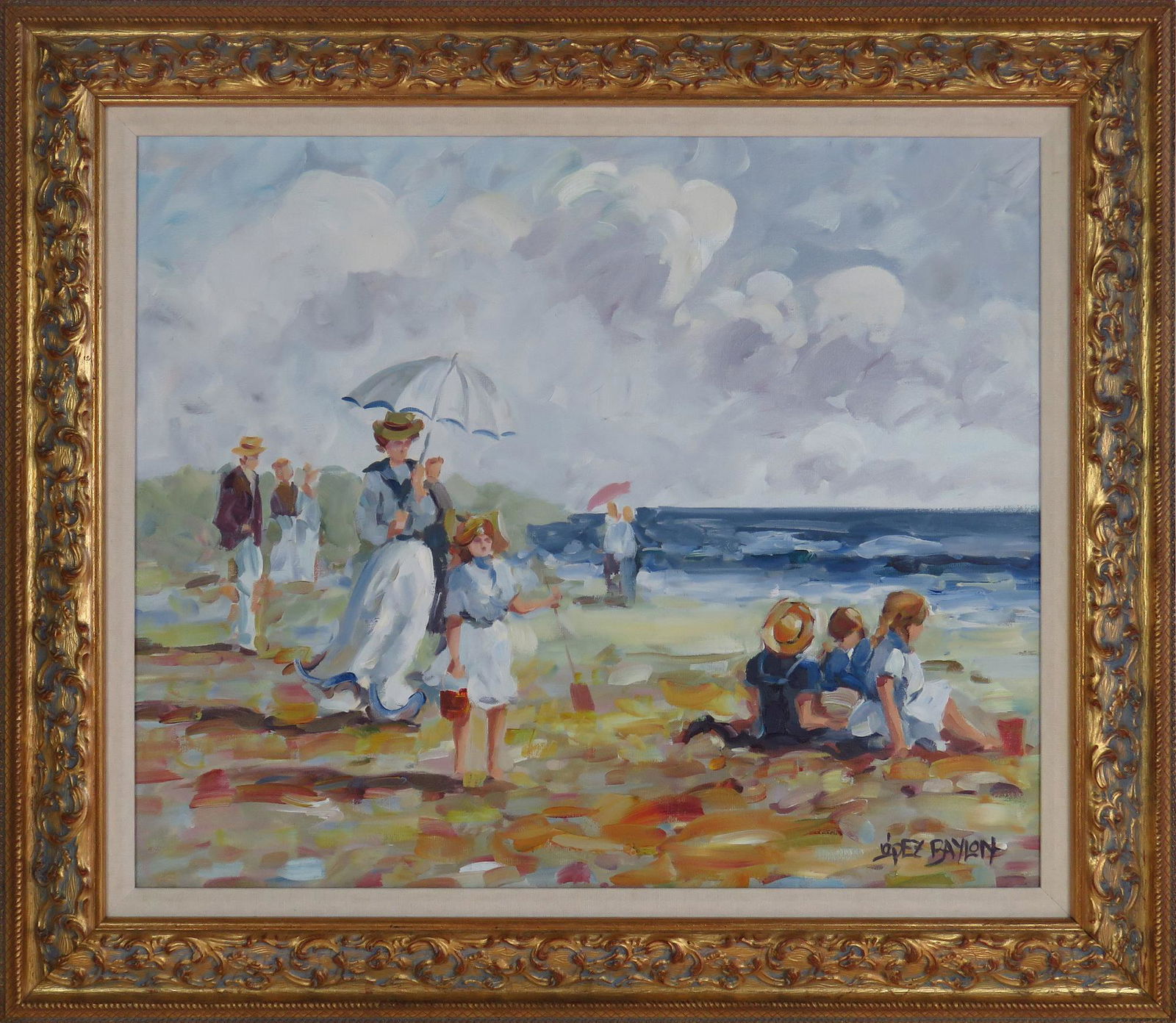 LISANDRO BAYLON PAINTING IMPRESSIONIST BEACH SCENE: Lisandro Lopez Baylon (US/Argentinab b. 1951) modern impressionist painting of a family with children playing on the beach. Well done work in the manner of Edward Potthast. Painting is o/c and is sign
