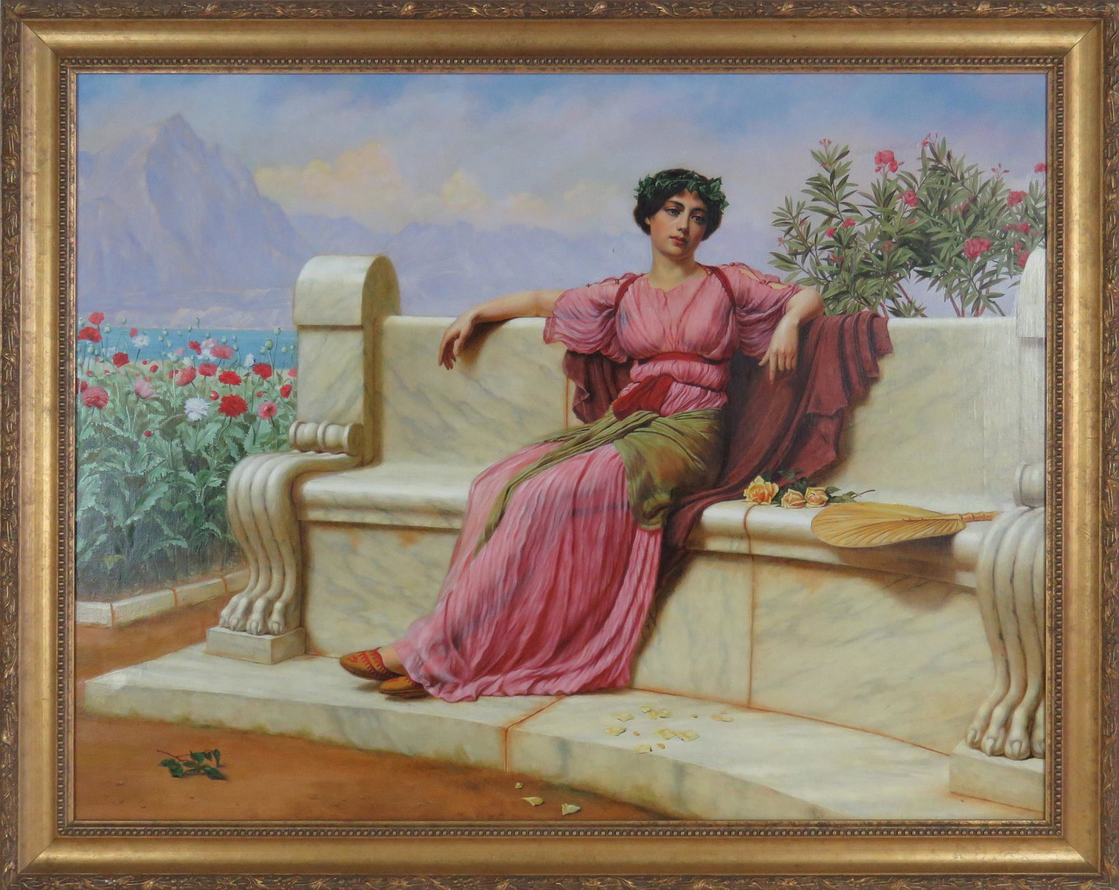 ROMANESQUE ALLEGORICAL PAINTING IN A FINE FRAME: Contemporary Romanesque painting of a reclining woman amongst an Aegean background. Signed illegibly and dated, verso, possibly in Cyrillic or Greek (occluded by stretcher). In an appealing contempora