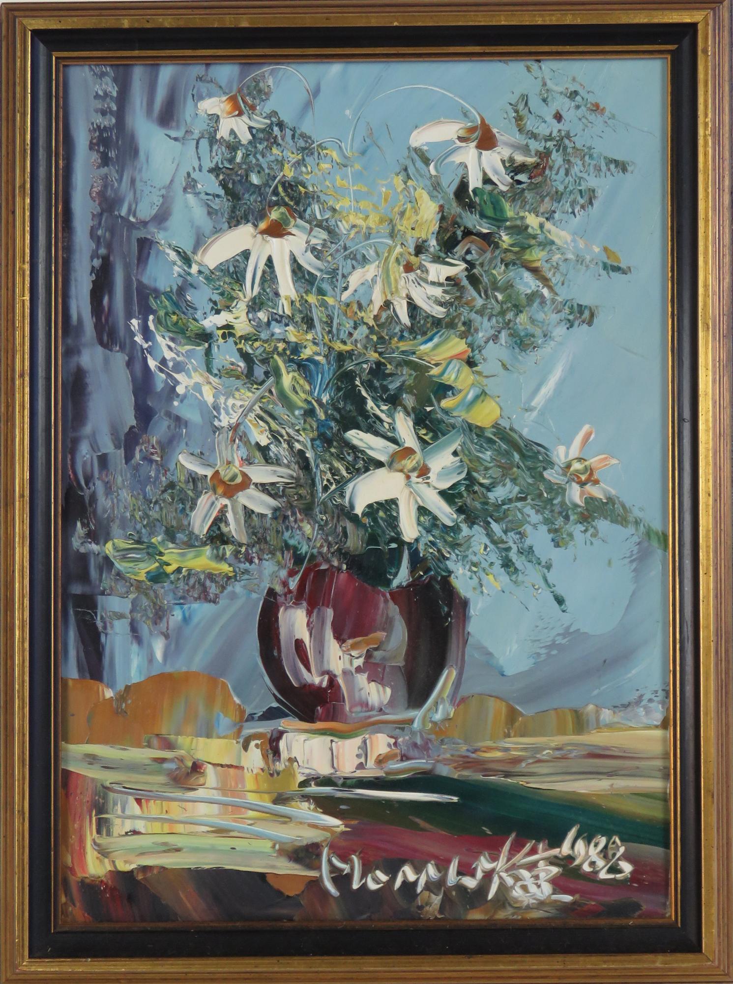 MORRIS KATZ (1931-2010) PAINTING STILL LIFE SIGNED: Morris Katz (NY/Ukraine/Poland 1931-2010) original oil/board floral still life. Signed, dated (1988) and framed. Katz is a well known Jewish American artist who was an active, and prolific, painter th