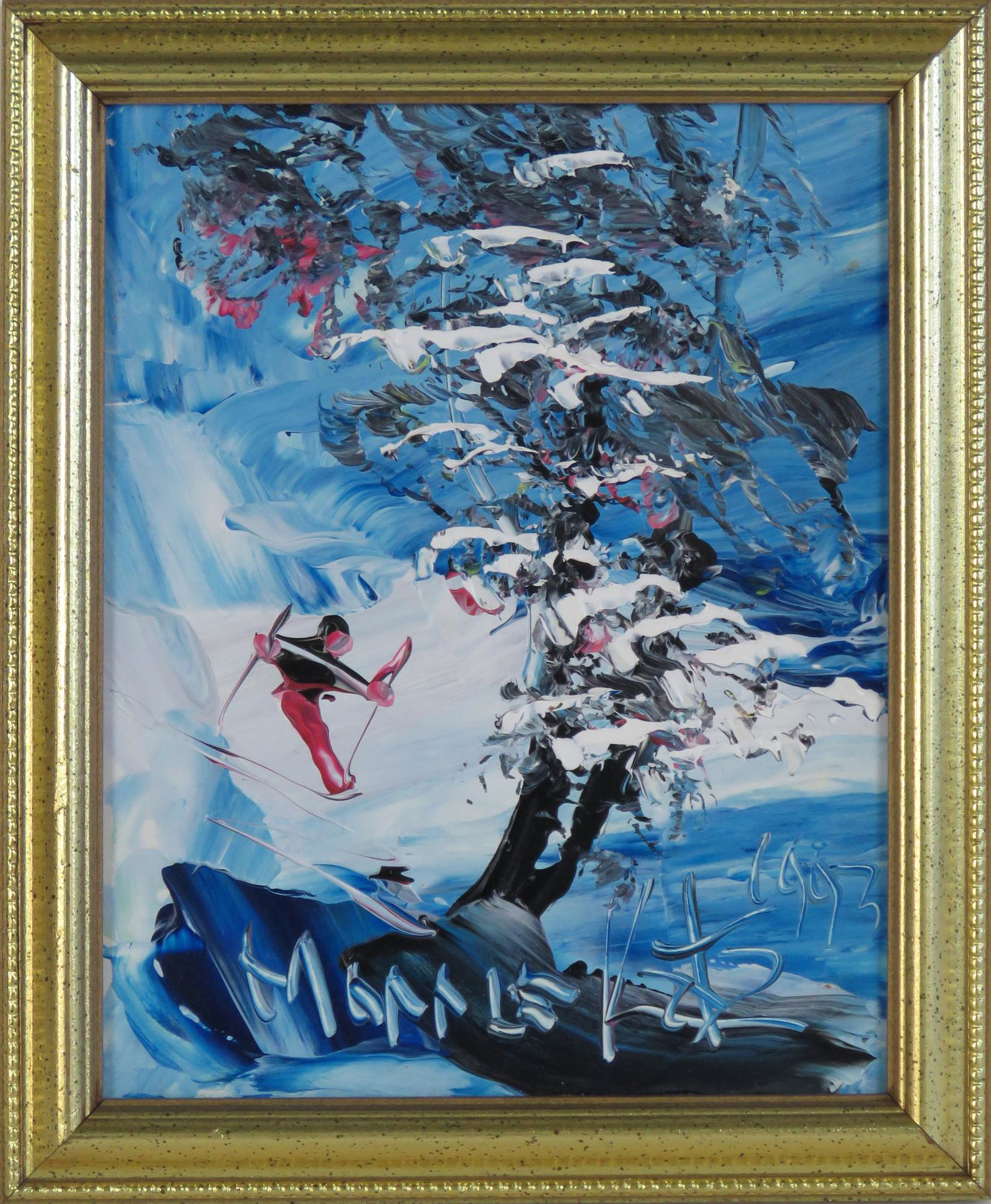 MORRIS KATZ (1931-2010) PAINTING SKIING SIGNED: Morris Katz (NY/Ukraine/Poland 1931-2010) original oil/board of a skier on a ski slope- likely in the Catskills or Adirondacks. Signed, dated (1993) and framed. Katz is a well known Jewish American ar