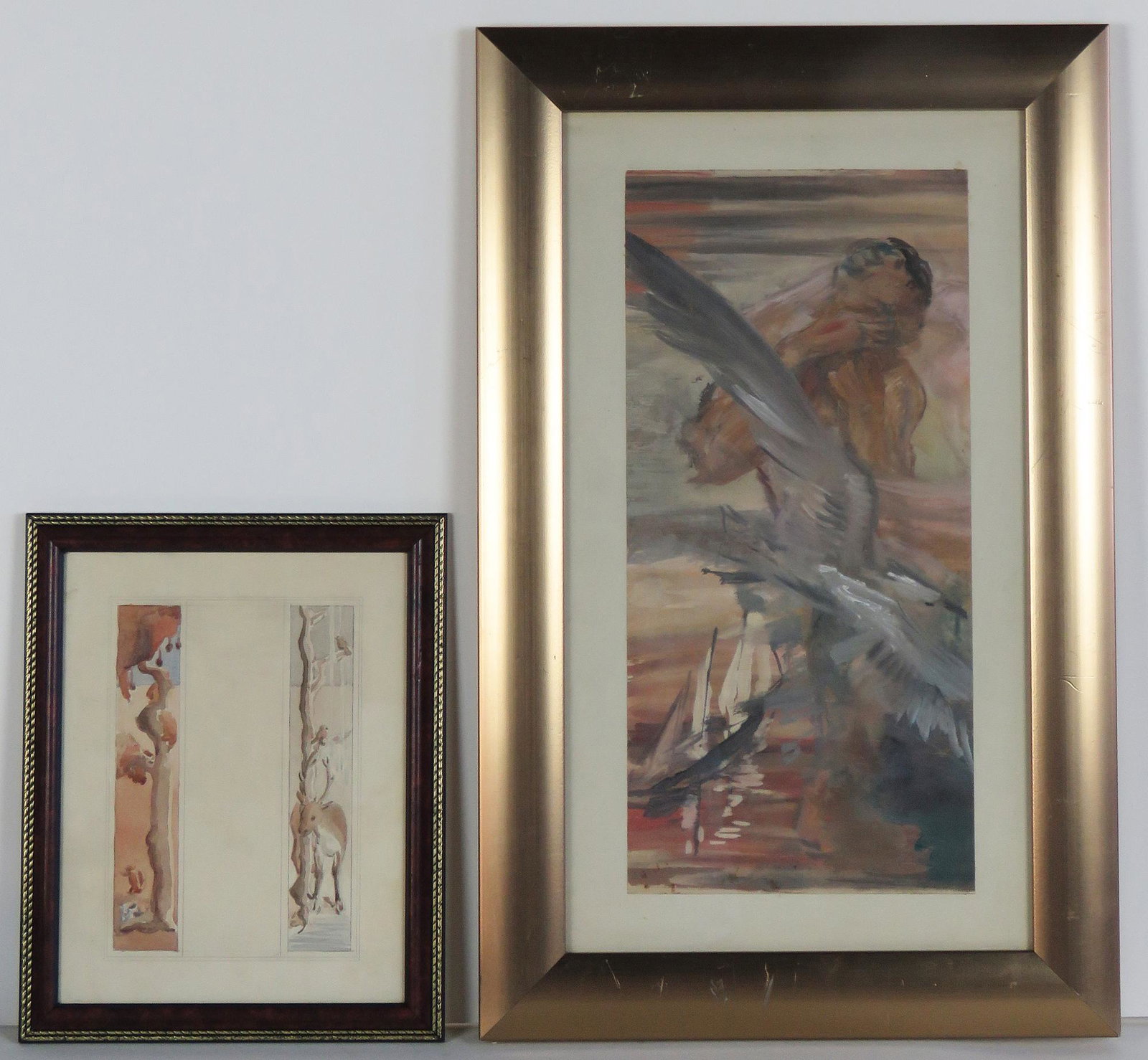 TWO 20TH C. EXPRESSIONIST PAINTINGS FRAMED: Two early 20th C. expressionist w/c and gouache paintings in frames. One a Leda and the Swan theme, but is maritime in nature. The other may have been a set design sketch. In the manner of Charles Bur