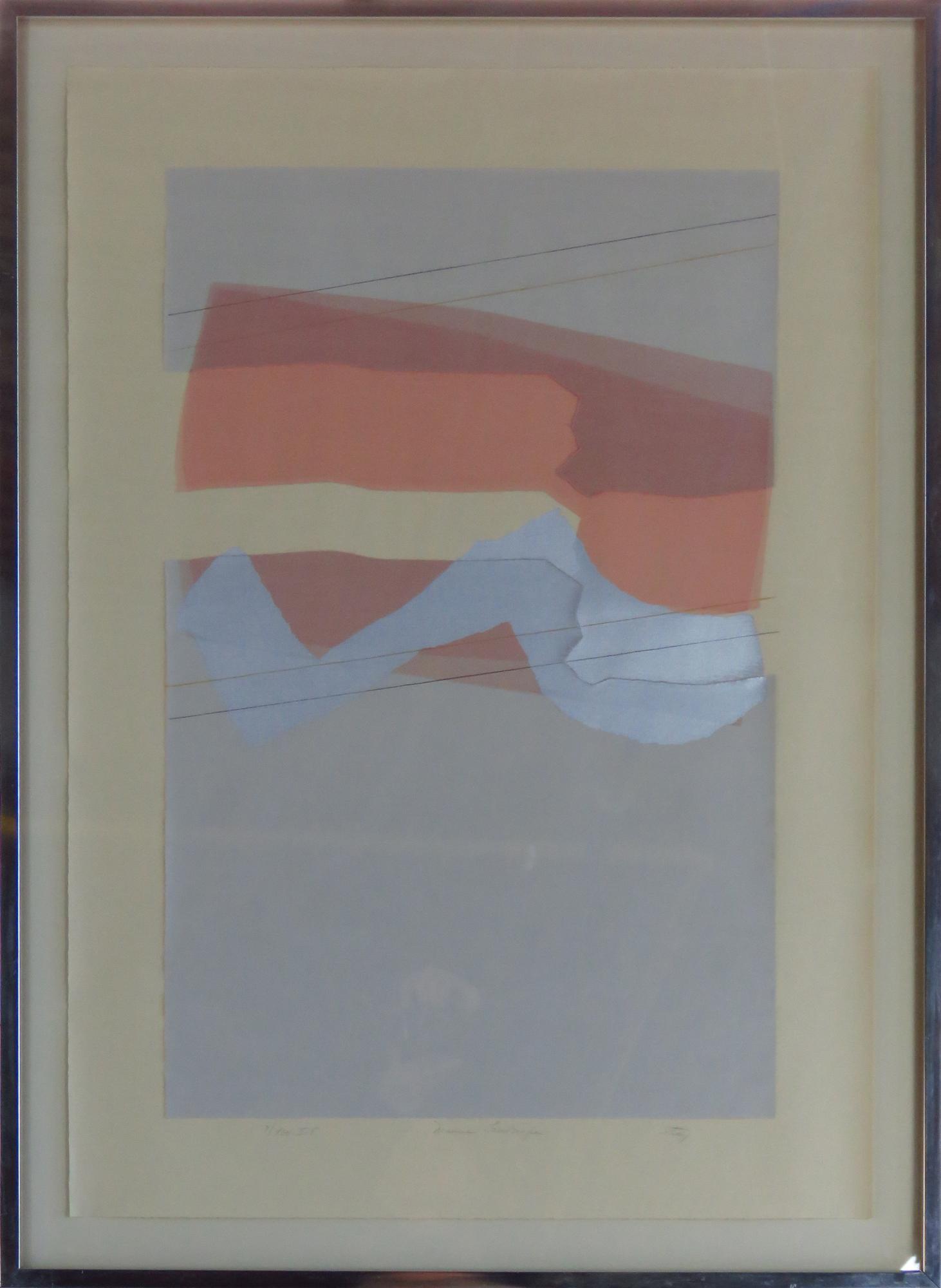 HARRIS STRONG (1920-2006) ABSTRACT MIXED MEDIA: Harris G. Strong (American 1920-2006) Abstract modernist mixed media on paper. Titled: "Mauve Landscape", signed, and numbered, in pencil. Work is handsomely framed, under glass and bears the Harris S