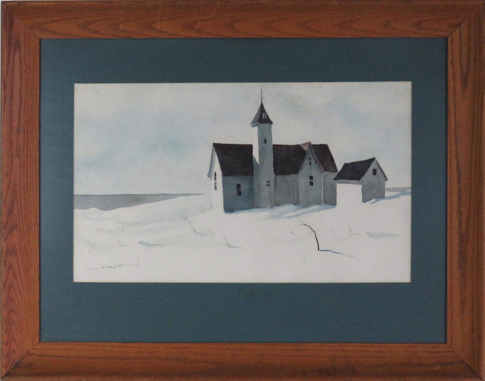 AMERICAN REGIONALIST PAINTING AFTER WYETH SIGNED: American regionalist winter landscape w/c painting on paper. The work is framed, under glass, in a fine period solid wood cove frame. Signed DeWitt. After Andrew Wyeth. Measures: 11 1/2" x 19 1/2" 21