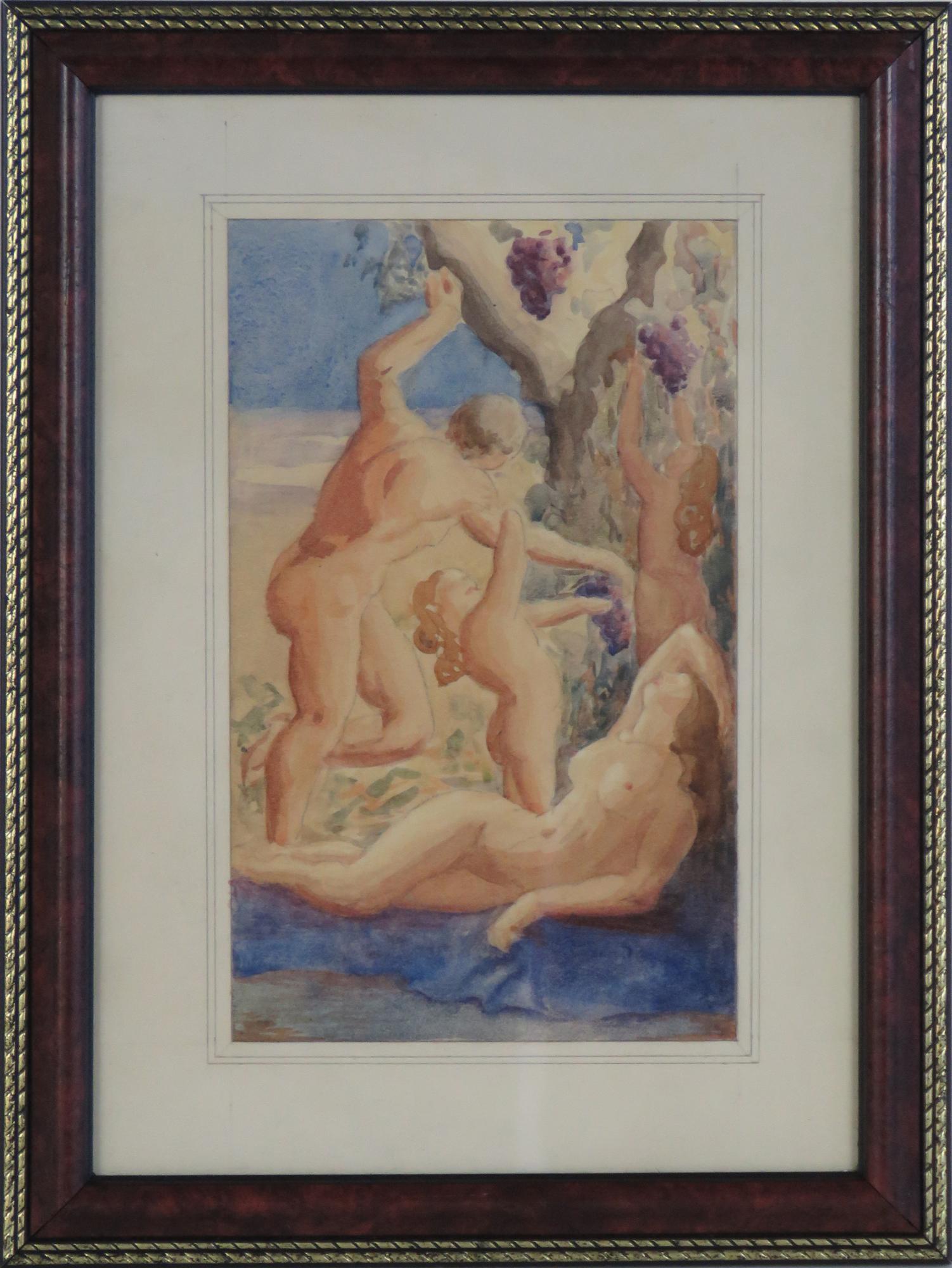 20TH C. EXPRESSIONIST ALLEGORICAL NUDE PAINTING: Modern expressionist w/c painting of an allegorical scene. A group of nude figures reclining and picking grapes. Framed, under glass, in a modern frame. The work is unsigned. Measures: Image: 8 5/8" x