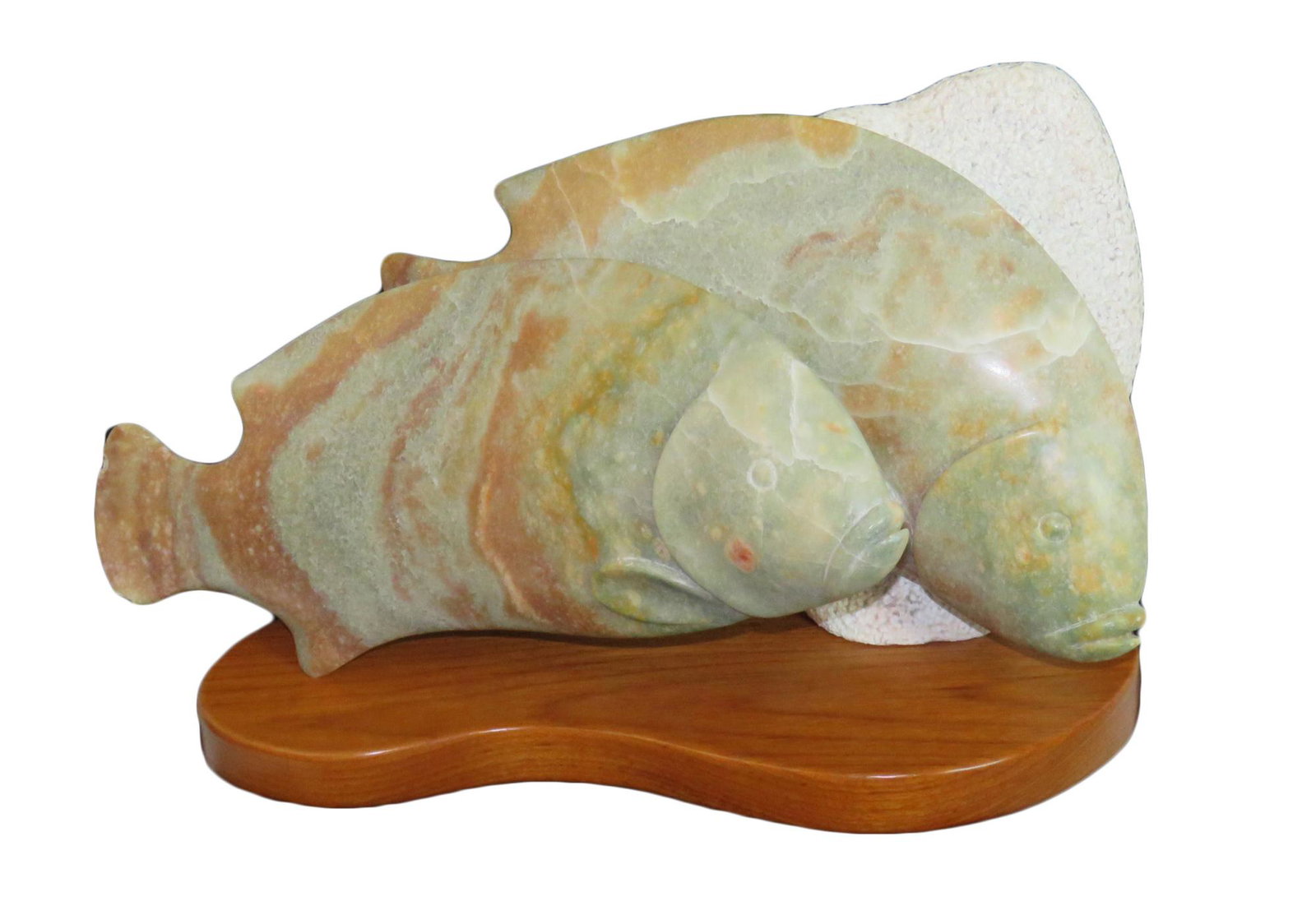 CHARLES ALLMOND FISH STONE SCULPTURE SIGNED: Charles M. Allmond (b. 1931) original carved colorado alabaster stone sculpture of 2 swimming fish. Sculpture is mounted on a teak wood base and is signed both on the base and the sculpture (initials)