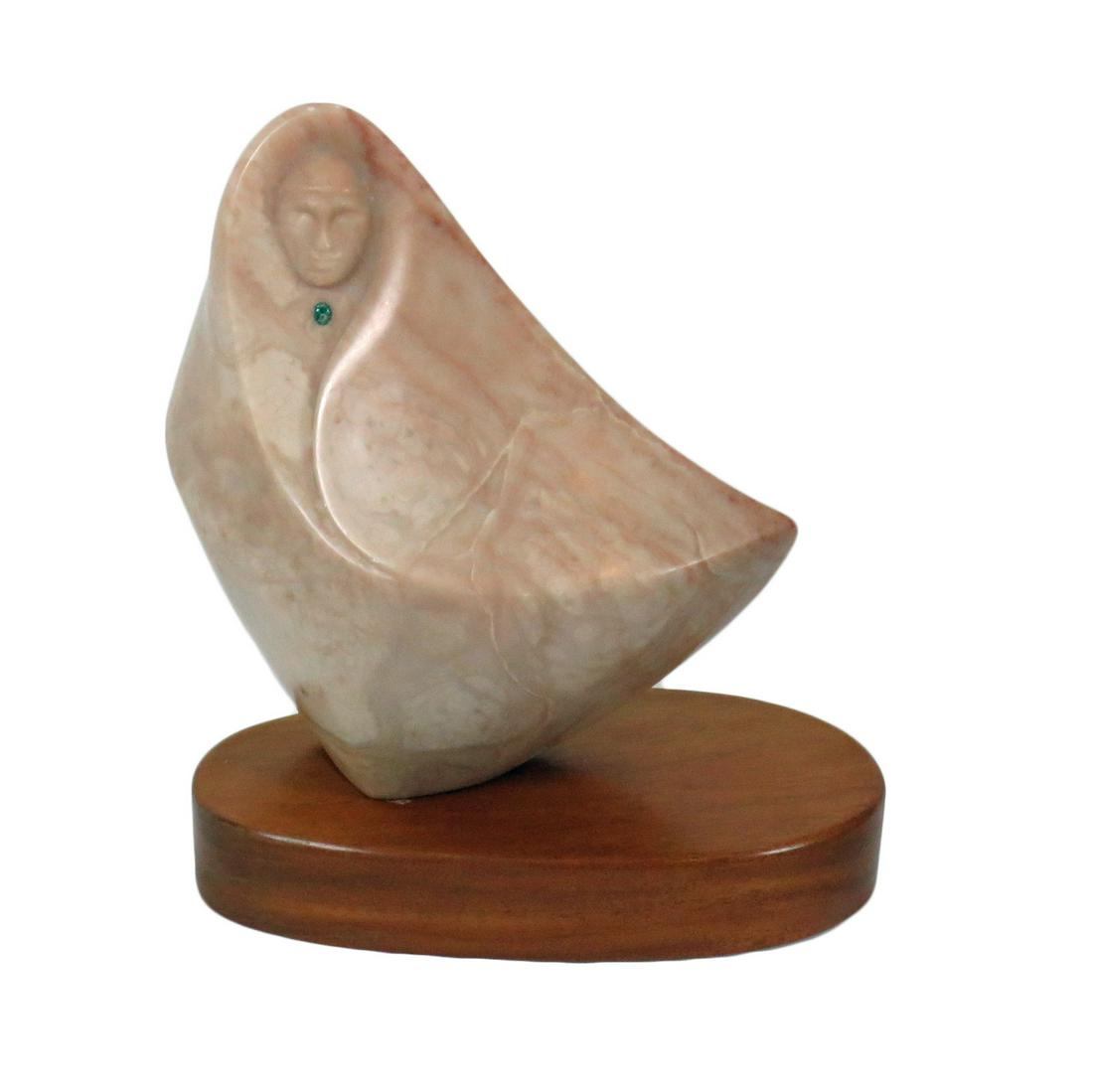 CHARLES ALLMOND MODERN STONE SCULPTURE SIGNED: Charles M. Allmond (b. 1931) original carved soapstone sculpture of a Native American female figure with a turquoise oval inset. Sculpture is mounted on a teak wood base and is signed both on the base