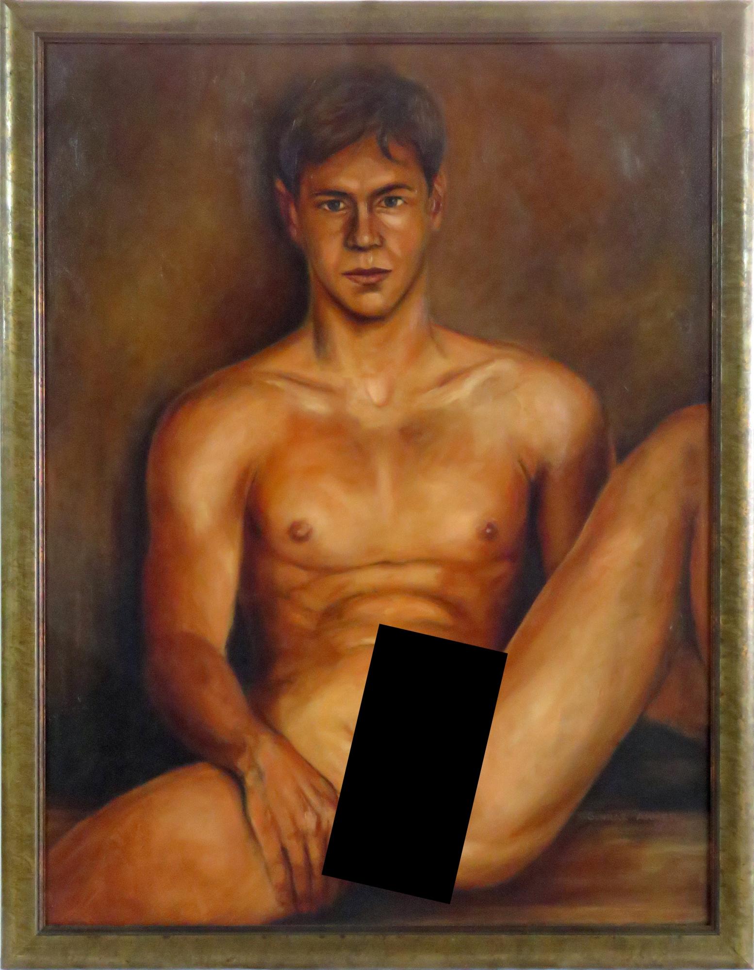 MODERN EROTIC MALE NUDE PAINTING THE FULL MONTY: Gunnar Ahmer (Norway/US - contemporary). Well done Homo Erotic nude painting of a handsome man. Painting is o/c and is signed. It is framed in a modern gold tone frame. (NOTE: THAT WHILE THIS IS AN AR